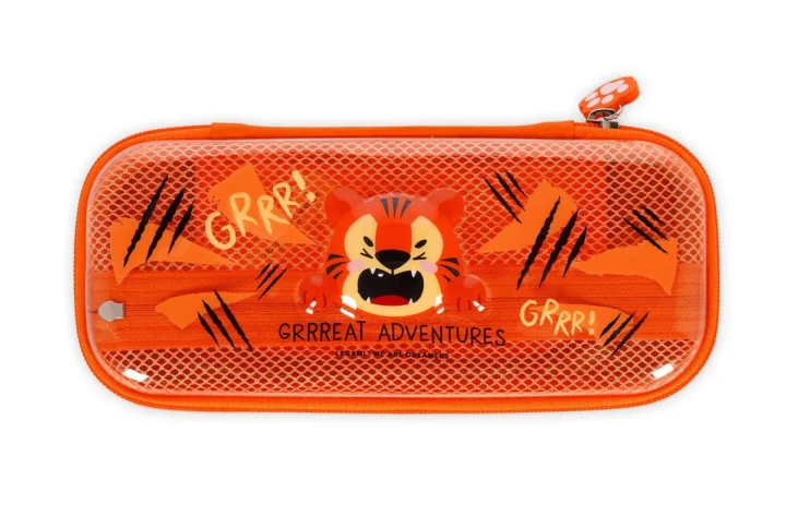 Hardcase Federmäppchen mit Tiger-Motiv – geöffnet mit Innenfächern