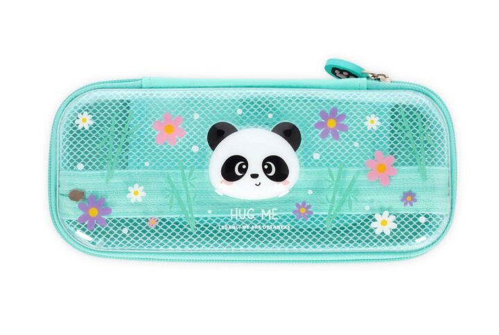 Hardcase Federmäppchen mit Panda‑Motiv von Legami – geöffnet mit Innenfächern