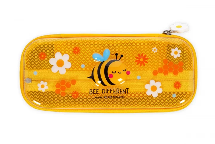 Legami Federmäppchen „Wonderwow – Bee“: PET-Hardcase, 23×11×5 cm, 105 g, zwei Fächer mit Netzfach & Stiftehaltern, Reißverschluss, Bienen-Design.