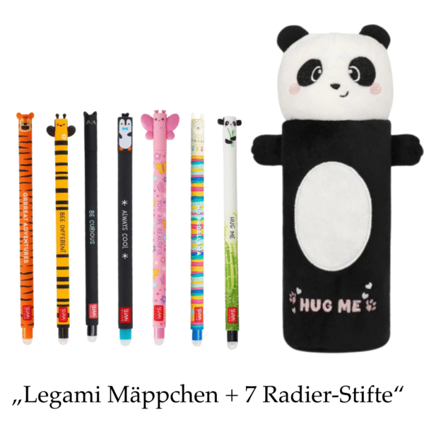 Legami Panda Federmäppchen + 7 radierbare Gelschreiber | Schreibset für Schule & Büro