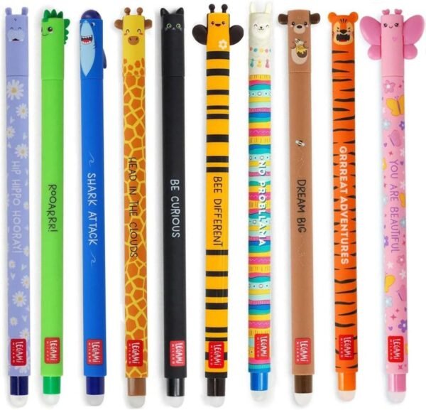 Legami 10er-Set löschbare Gelstifte mit Tiermotiven & bunten Tinten – radierbar, 0,7 mm